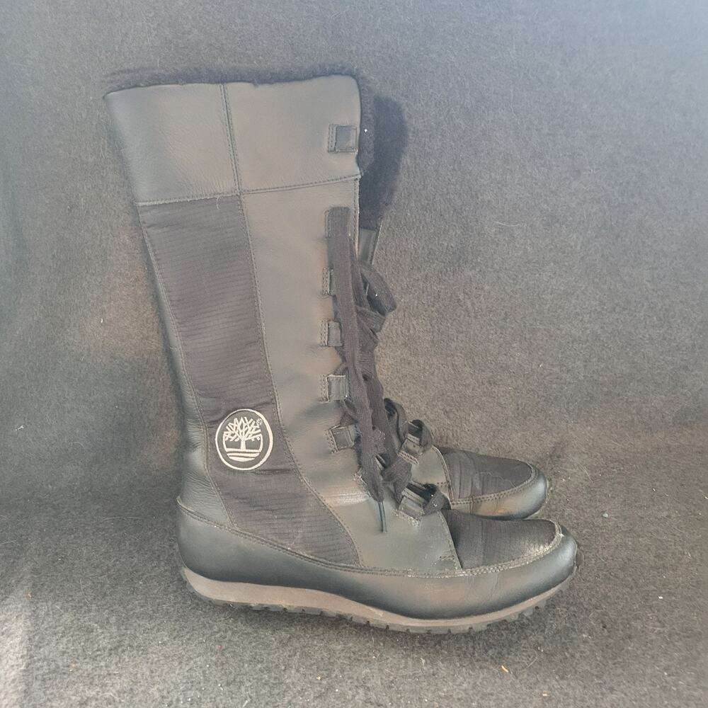 Timberland Grammercy Tall Leather Black Boots Fur Waterproof Winter Size 9